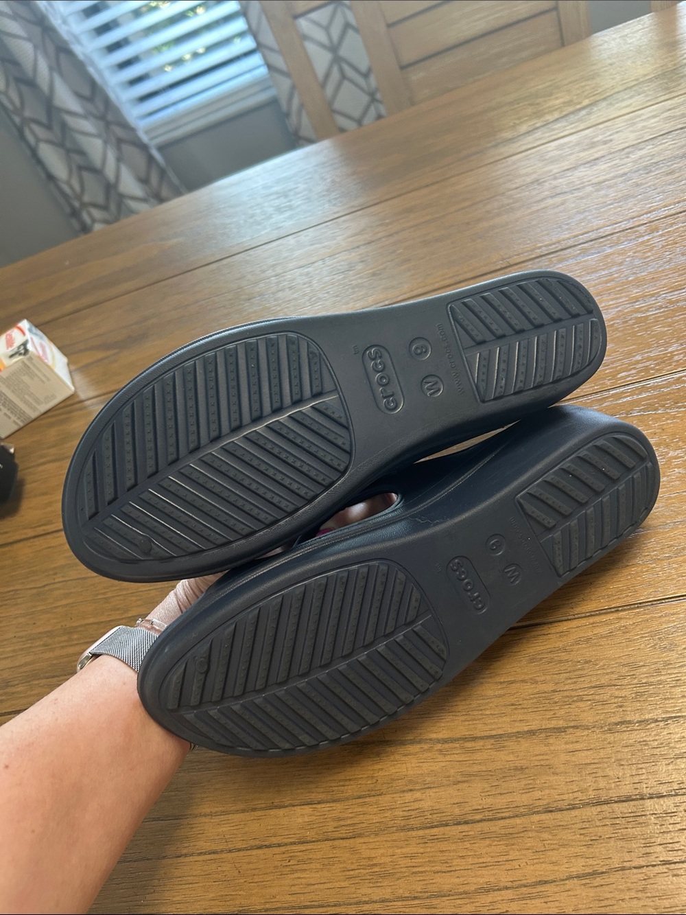 CROCS NWOB navy dual comfort Slip-On Wedge Sandals with Silver Ring - Picture 5 of 6